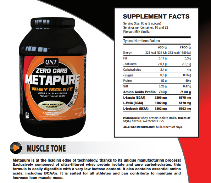 QNT Zero Carb nutritivne vrijednosti